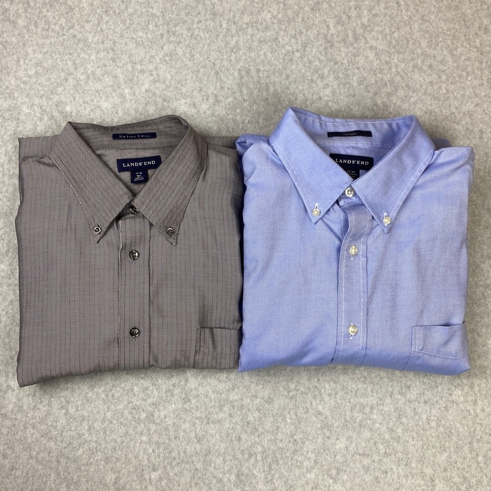 Bundle Of 2 Lands End Long Sleeve Button Dress Shirts Blue / Black & White 17 36
